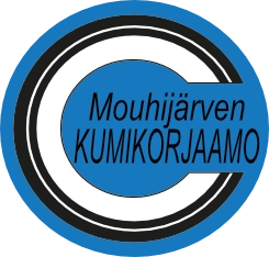 sinisen ympyrän sisällä mustavalkoinen renkula ja teksti mouhijärven kumikorjaamo